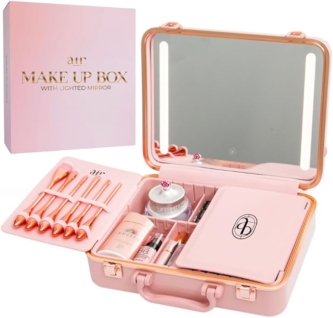 Air Makeup Beauty Box - Make up Bag with LED Lighted Mirror, Professional Mini/Large Cosmetic bag Organizer - Portable Vanity & Makeup Case for Travel (Beauty Box, Blush Pink)