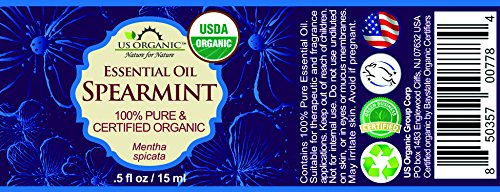 US Organic 100% Pure Spearmint Essential Oil - USDA Certified Organic, Steam Distilled - W/Euro droppers (More Size Variations Available) (15 ml /.5 fl oz)