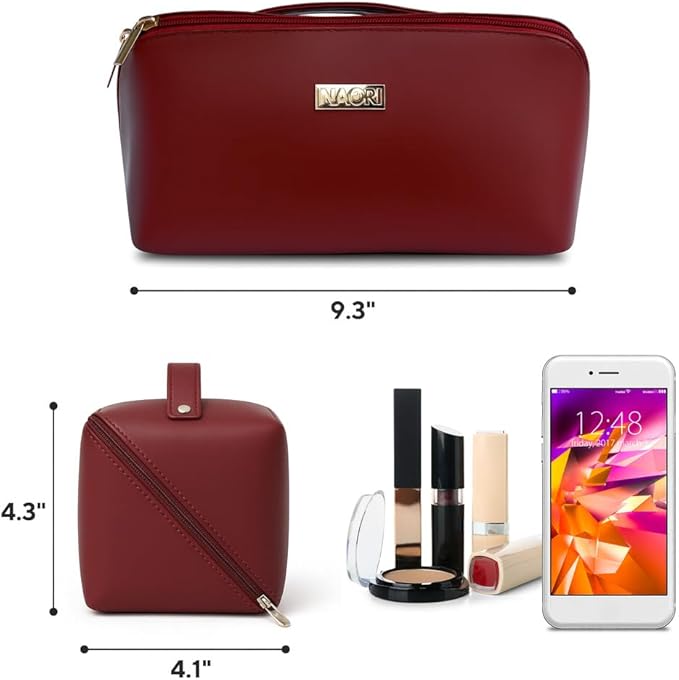NAORI Travel Makeup Bag for Women | Large Luxury Cosmetic Organizer with Handle & Inner Pockets | Waterproof Faux LeatherToiletry Bag | Makeup Case for Home, Travel & Gifting (Classic Burgundy)