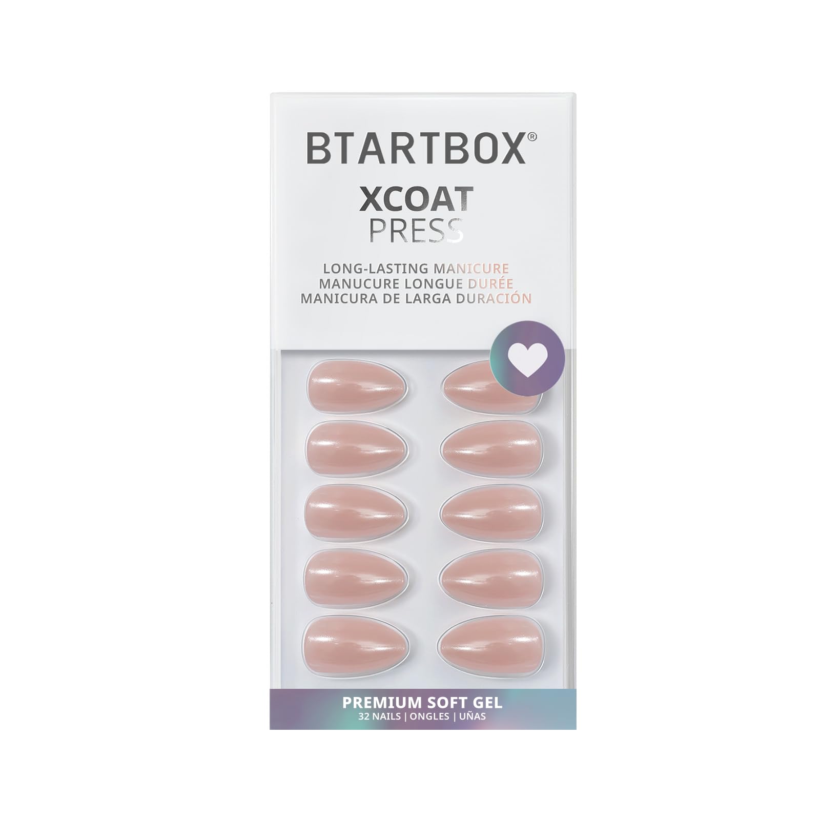 BTArtbox Press On Nails, Nudies, Short Almond, Short Nude Chrome, 32Ct