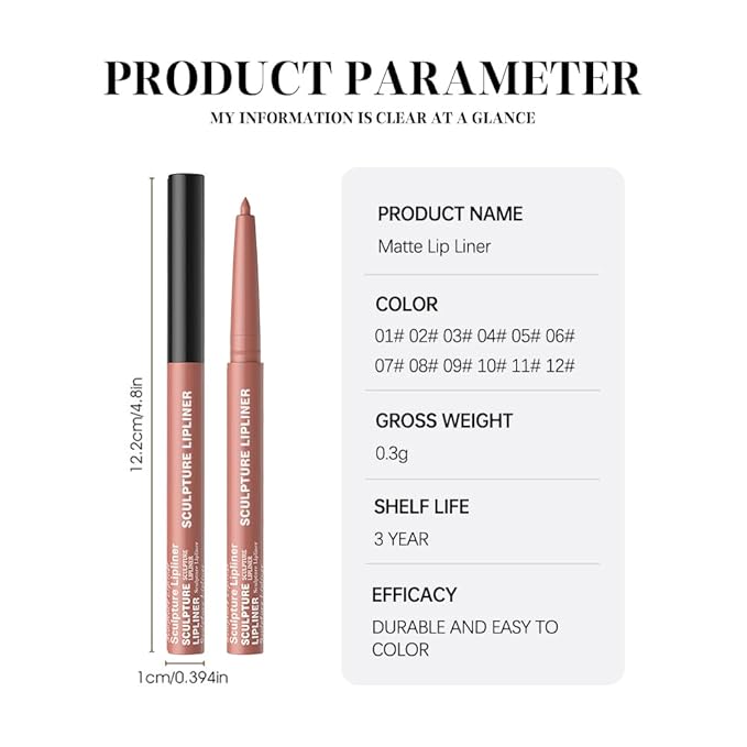 Hxssll 12 Colors Matte Lip Liner Pencil – Long Lasting Waterproof Lip Liner, Smudge Proof Transfer Proof Lip Pencil, High Pigment Lip Makeup for Defining & Filling Lips (02#, 1PCS)