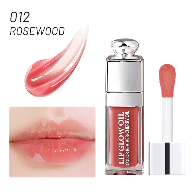 GECOMO Hydrating Lip Glow Oil, Lip Oil Gloss Transparent Toot Tinted Nourishing Long Lasting Repairing Lightening Lip Lines (ROSEWOOD) 0.2 OZ