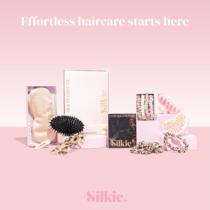 SILKIE x4 Set 100% Pure Mulberry Silk Pink Nude Neutral Skinny Scrunchies Travel Pouch Everyday Hair Ties Elastics Hair Care Ponytail Holder No Damage (Nudes)