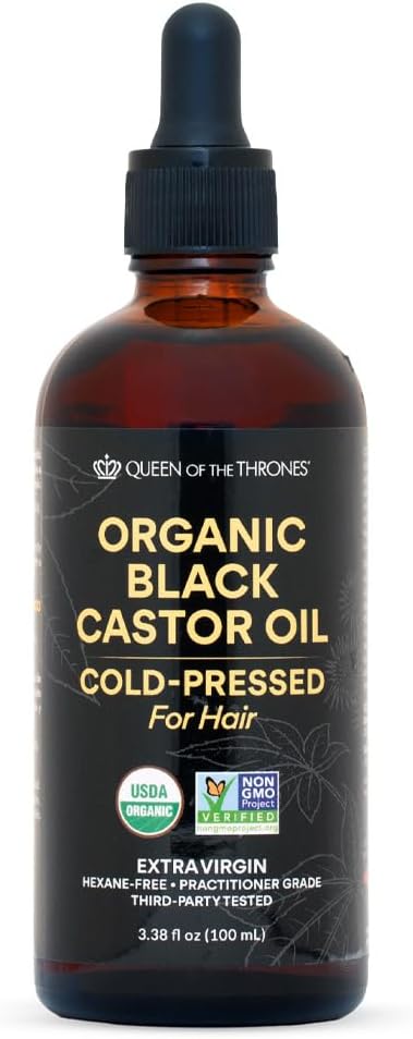 QUEEN OF THE THRONES® Organic Black Castor Oil - 100mL with Dropper| 100% Pure, Certified Organic, Hexane-Free, Extra Virgin | Moisturizing & Conditioning Oil for Skin, Hair & Nails