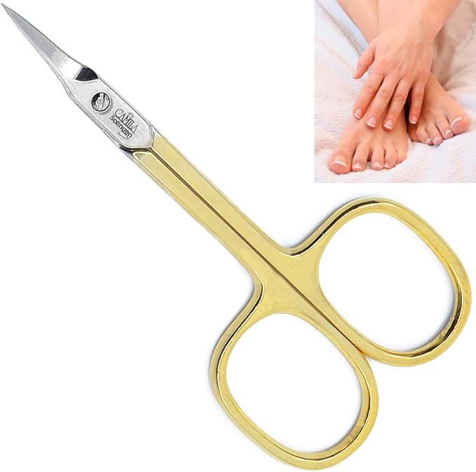 Camila Solingen CS04 Professional Nail Cuticle Scissors, Hypoallergenic Gold Plated Sharp Curved Manicure Pedicure Grooming for Finger and Toe Nail Care. Made of Carbon Steel in Solingen, Germany