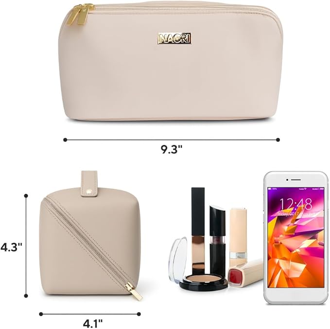 NAORI Travel Makeup Bag for Women | Large Luxury Cosmetic Organizer with Handle & Inner Pockets | Waterproof Faux Leather Toiletry Bag | Makeup Case for Home, Travel & Gifting (Creamy Beige)