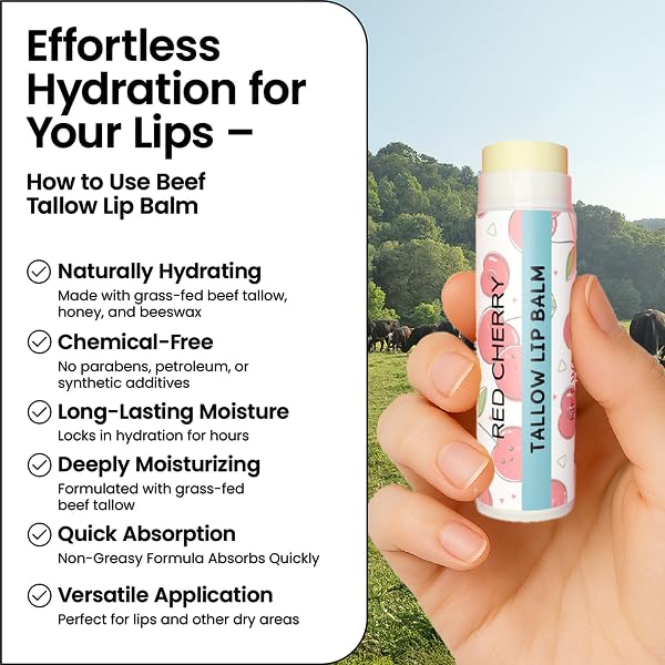 Tallow Lip Balm by Cattle Creek – All-Natural Ingredients, Long-Lasting Moisture and Hydration for Dry, Cracked, and Chapped Lips, Soothing Formula for Soft Skin (Pack of 3, Red Cherry)