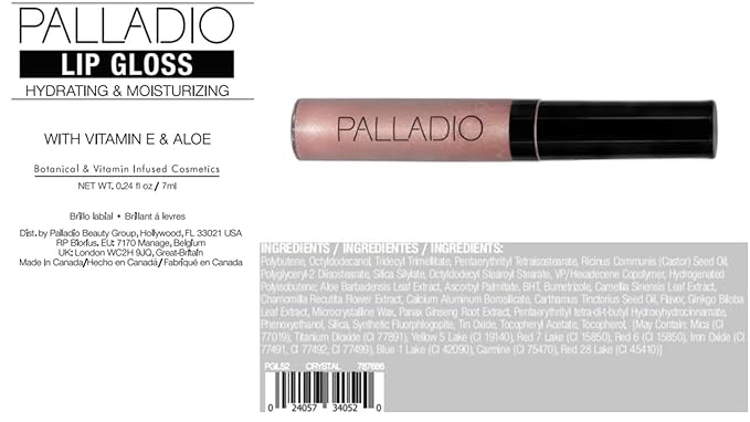 Palladio Lip Gloss, Non-Sticky Lip Gloss, Contains Vitamin E and Aloe, Offers Intense Color and Moisturization, Minimizes Lip Wrinkles, Softens Lips with Beautiful Shiny Finish, Crystal Diamond