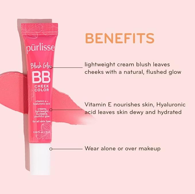 pūrlisse Blush Glow BB Cheek Color - Dewy Liquid Blush for Cheeks - Enriched with Vitamin E & Hyaluronic Acid - Creamy, Lightweight & Buildable - Hydrating & Nourishing - Malibu Peach (0.34 Fl oz)