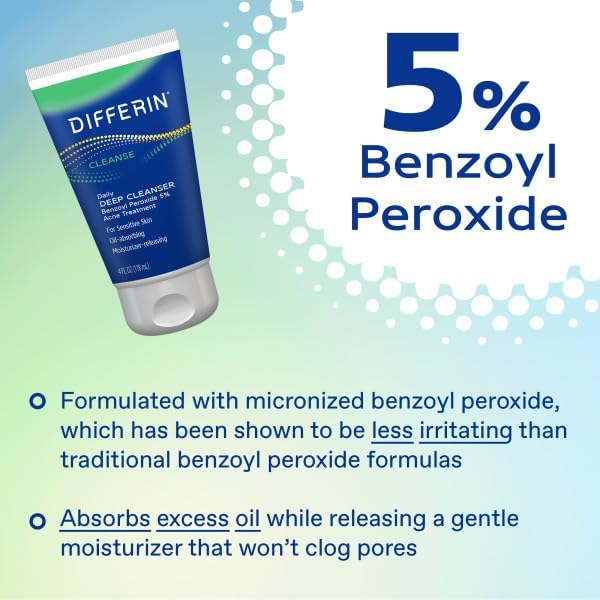 Differin Acne Face Wash, 5% Benzoyl Peroxide Daily Cleanser, 4oz