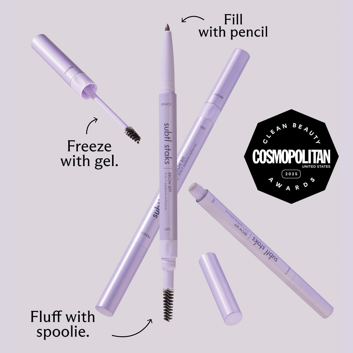 3-in-1 Brow Pencil - Vegan, Smudge-Proof, with Spoolie Brush and Clear Gel - Best Eyebrow Pencil for Fluffing, Filling, and Setting Brows, Black