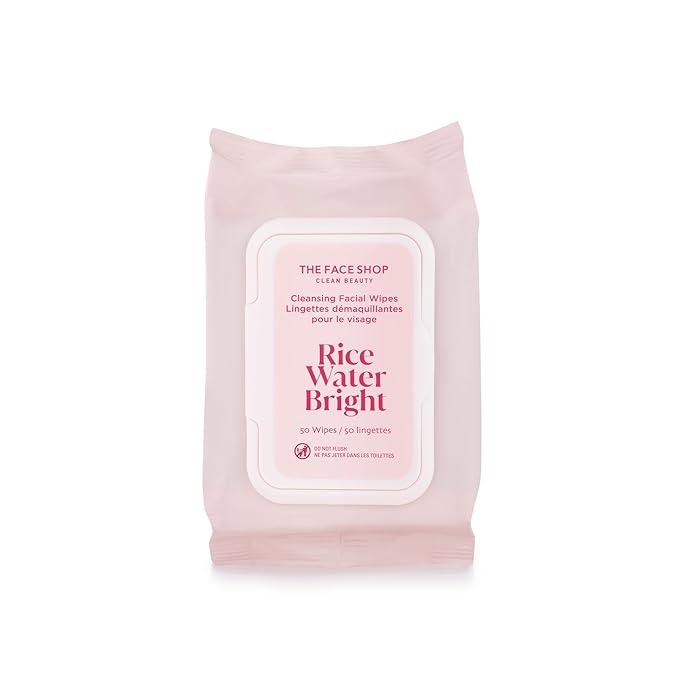 THE FACE SHOP Rice Water Bright Makeup Remover Wipes for Face, Moisturizing, Infused with Rice Extract, Disposable Cleansing Facial Wipes, 50 Count