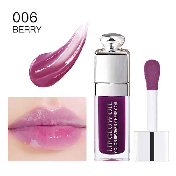 GECOMO Hydrating Lip Glow Oil, Lip Oil Gloss Transparent Toot Tinted Nourishing Long Lasting Repairing Lightening Lip Lines (BERRY) 0.2 OZ