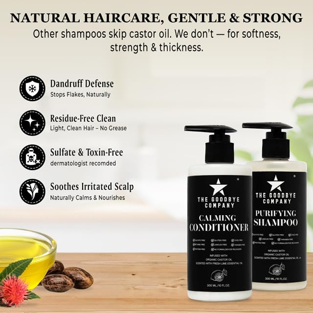 The Goodbye Company Castor Oil Shampoo Conditioner Duo, Gentle Cleansing and Lightweight Hydration, Aloe Vera Shea Botanicals, Sulfate Free Paraben Free Protein Free, 10 oz Each, Made in USA