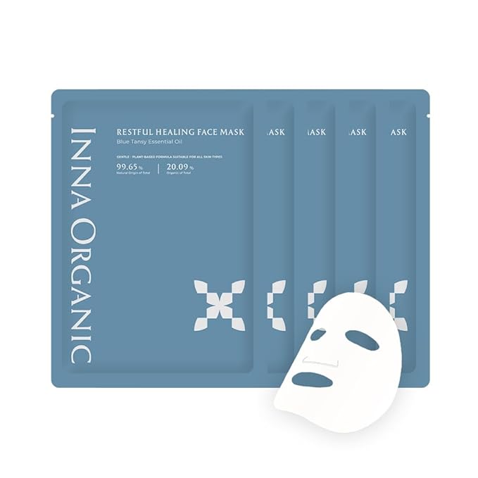 INNA ORGANIC Organic Sheet Mask - Nexty Award Finalist, Sleep Well Glow, Overnight Renewal, Restful Healing, Sustainable & Clean Beauty (Pack of 5) | Blue Tansy Essential Oils Infused Skin Care