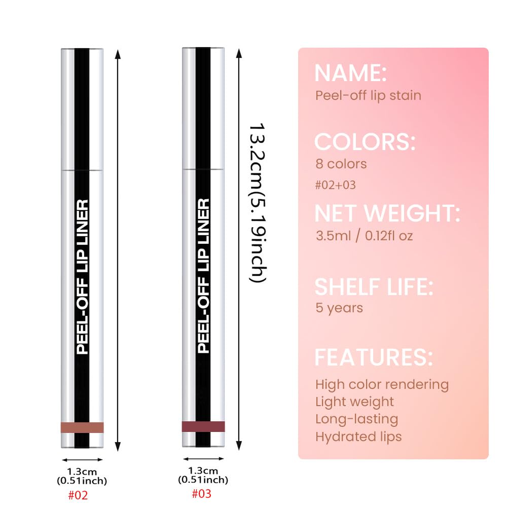 Hxssll 2 Pcs Matte Liquid Lip Stain Peel Off Lip Liner, Long Lasting Lip Tattoo, Waterproof & Transfer-Proof Lip Liner Peel Off Lip Gloss for All Skin Types. 0.12 fl oz #02+#03