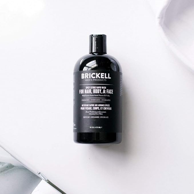 Brickell Men's Rapid Wash, 3 in 1 Body Wash Gel for Men, With Aloe, Vitamin E, and Jojoba Oil, 16 Ounce, Spicy Citrus Scent