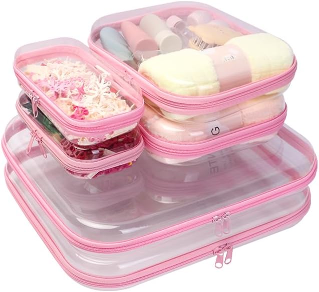 Calantre 6PCS Clear Hard Shell Zipper Case 13.8 * 11.8 * 2 IN (Pink)