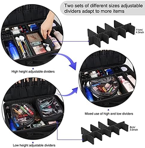 Relavel Extra Large Makeup Case, Professional Makeup Artist Bag Double Layer Compartment Cosmetic Travel Organizer Bag Makeup Brush Storage Holder with Adjustable Dividers and Shoulder Strap, Black