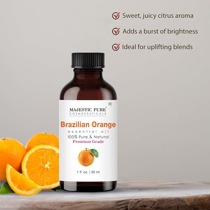 Majestic Pure Essential Oil with Glass Dropper - 100% Pure and Natural - Essential Oils for Diffuser, Aromatherapy, Soap and Candle Making, Brazillian Orange Essential Oil, Orange Oil, 1 Fl Oz