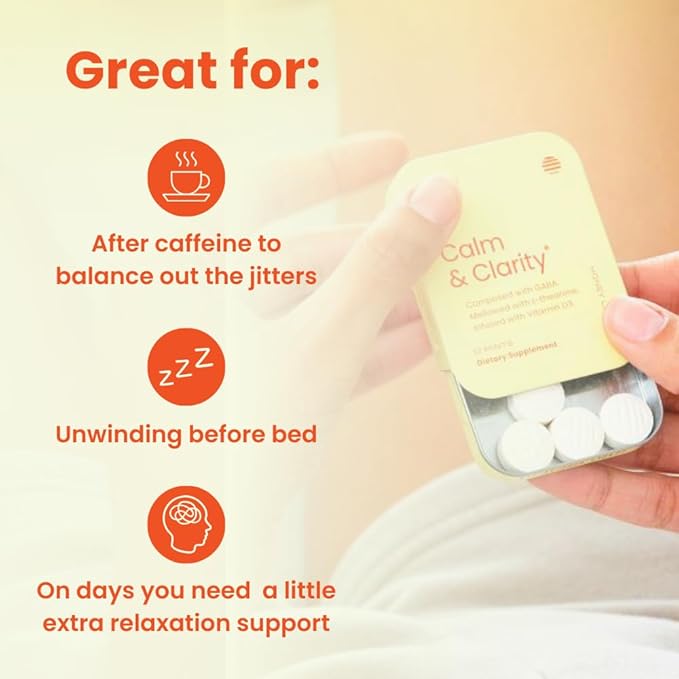 Neuro Calm & Clarity Mints - GABA L-Theanine Stress Supplement with Vitamin D3 - Non-Drowsy, Functional Calming Mints for Mood, Mental Clarity & Cognitive Function - Honey Lemon, 72 ct