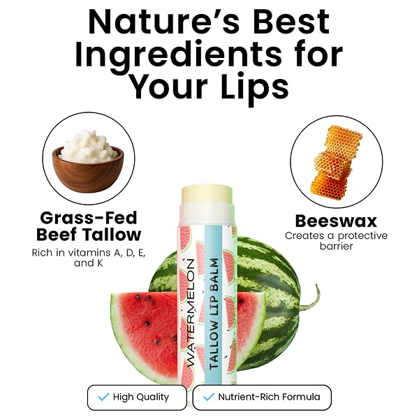 Tallow Lip Balm by Cattle Creek – All-Natural Ingredients, Long-Lasting Moisture and Hydration for Dry, Cracked, and Chapped Lips, Soothing Formula for Soft Skin (Pack of 3, Watermelon)