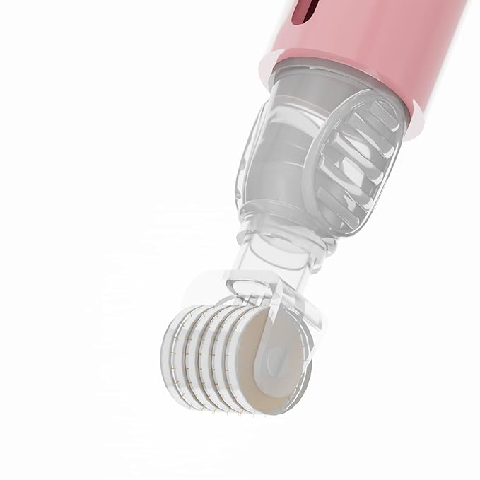 Derma Roller with Liquid Reservoir, Quick Serum Applicator for Lips, Skin, Hair, Wrinkles, Easy to Use Micro Needle Roller Without Serum, 105 Titanium Needles 0.25 mm (PINK)