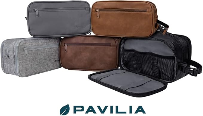 PAVILIA Toiletry Bag for Men, Travel Toiletries Bag | Water-resistant Dopp Kit, PU Leather Shaving Pouch Organizer for Accessories, Cosmetic, Hygiene, Grooming Essentials (XL, Brown)