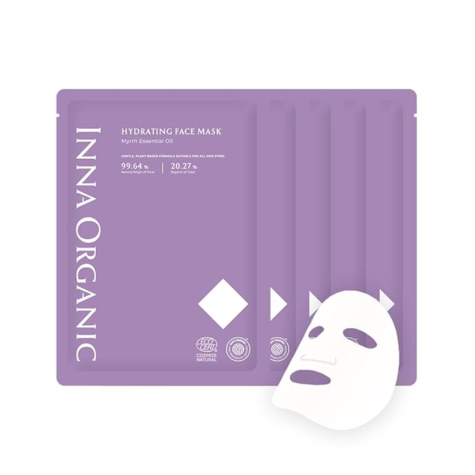 INNA ORGANIC Organic Sheet Mask - Deep Hydration & Post Microneedling Soothing, EWG & COSMOS Certified (Pack of 5) | Myrrh Essential Oils Infused Skin Care | Luxury Clean Beauty