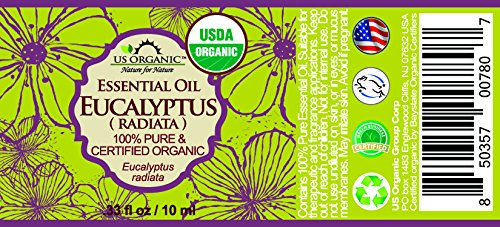 US Organic 100% Pure Eucalyptus Essential Oil (Radiata) - USDA Certified Organic, Steam Distilled - W/Euro droppers (More Size Variations Available) (10 ml /.33 fl oz)