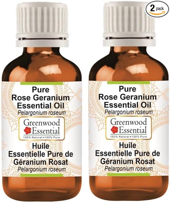 Greenwood Essential Rose Geranium Essential Oil (Pelargonium roseum) Pure | Non-Sticky | Non-Greasy | Lightweight | Men & Women | All Skin Types | Steam Distilled 10ml X 2 (0.66 oz)