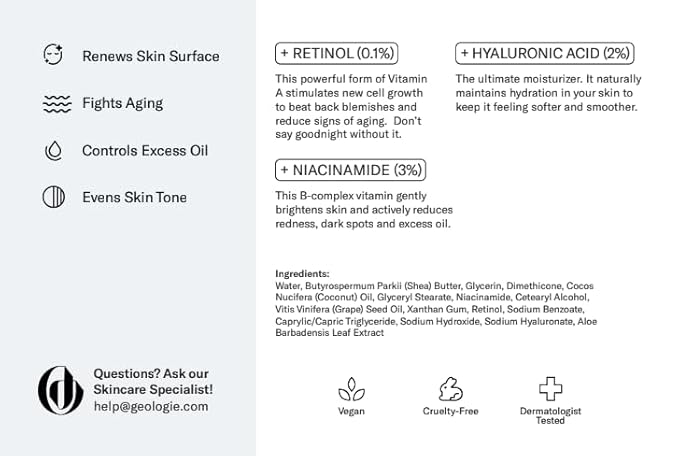 Geologie Retinol Anti-Aging Face Cream for Sensitive Skin | Beginner-Friendly.1% Retinol Formula | Effective Results | Reduces Wrinkles | For Men & Women