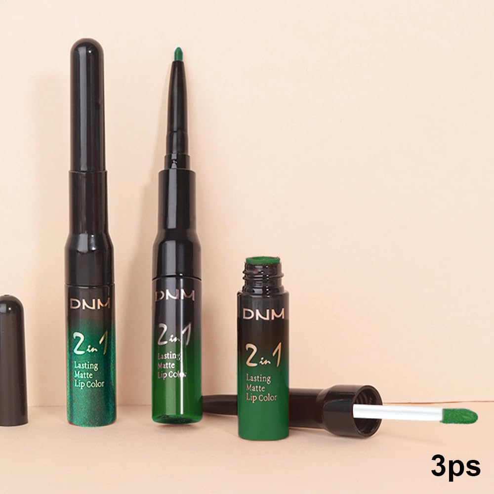 IATMOMOD 3Pcs 2 in 1 Green Matte Shimmer Lip Liner and Liquid Lipstick Stain Makeup Set for women, Long Lasting Smudge Proof Lip Tint Matte Finish Lip Gloss for All-Day Color Hold Easy to Use, Set25