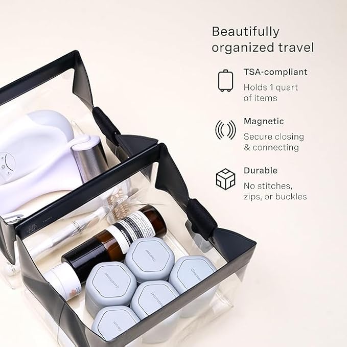 Cadence Parcel - Clear Travel Kit with Zipperless Magnetic Closure - Ink, Small - Durable, Leak-Resistant and TSA Approved Toiletry Bag - Modular Organization - Recycled TPU (.5 Qt)