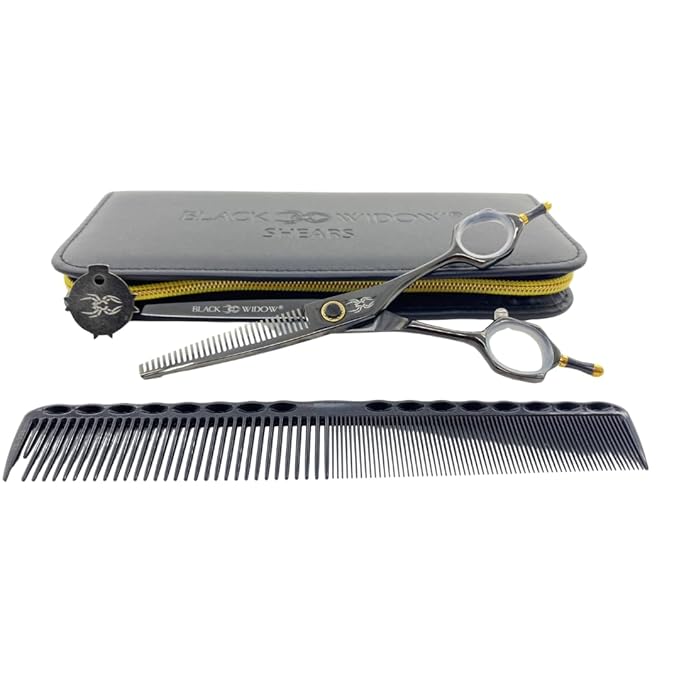 Black Widow Dos Manos Hair Thinning Shears, 6 Inch Ambidextrous Barber Blending & Texturizing Scissors, Japanese Stainless Steel, Adjustable Tension Screw