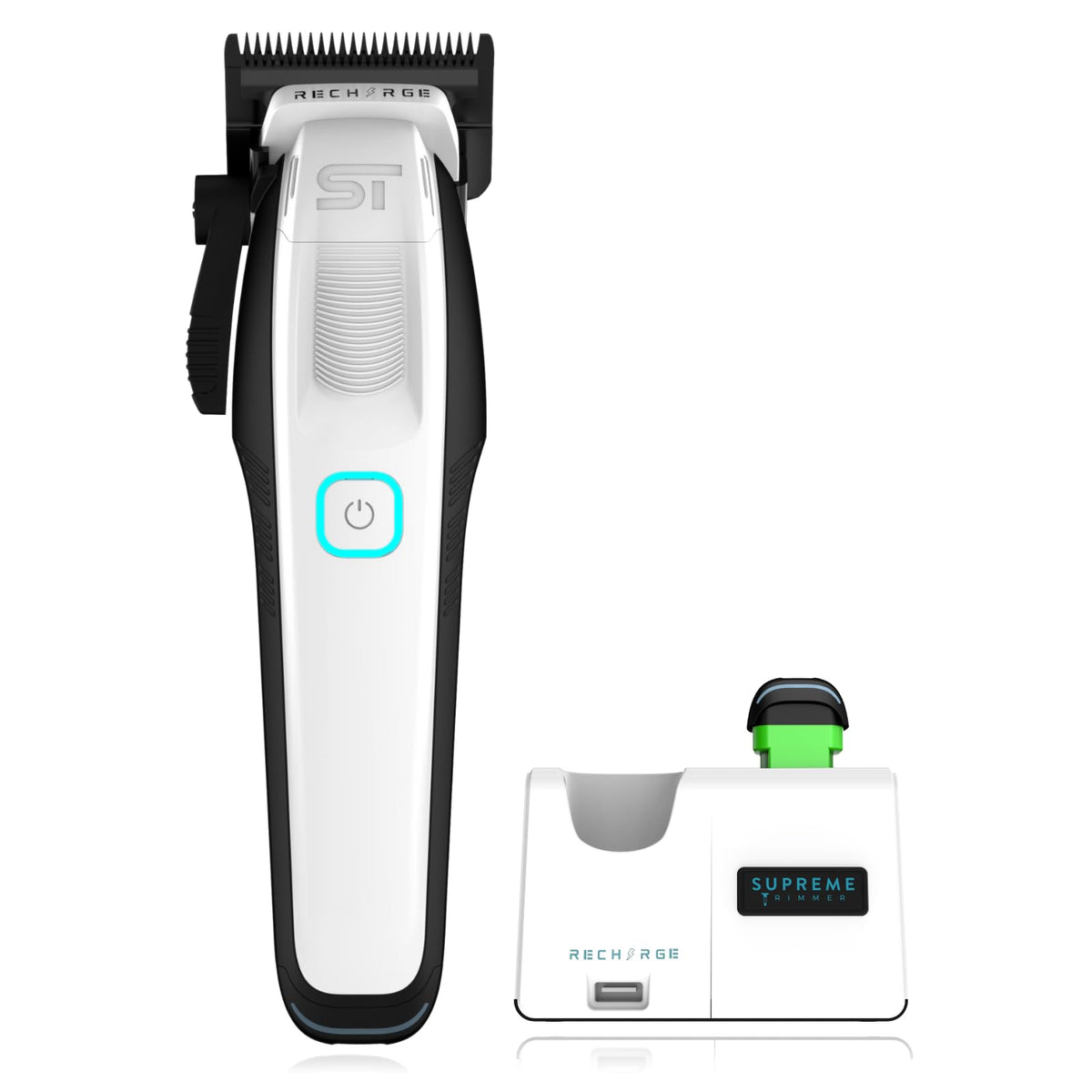Supreme Trimmer Recharge Clipper - Professional Hair Clipper with 2 Removable Batteries, Brushless Motor, Smart Charge Stand, USB-C Charge & DLC Blades Barbers | STC779