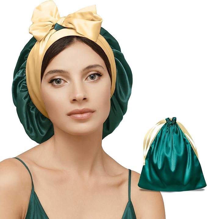 Real Silk Bonnet for Sleeping Women – Green – Adjustable Wonder Loop Tie, No-Slip Hair Bonnet, Reversible Silk Sleep Cap for Curly, Coily, Wavy & Straight Hair - Mothers Day Gift for Mom & Wife