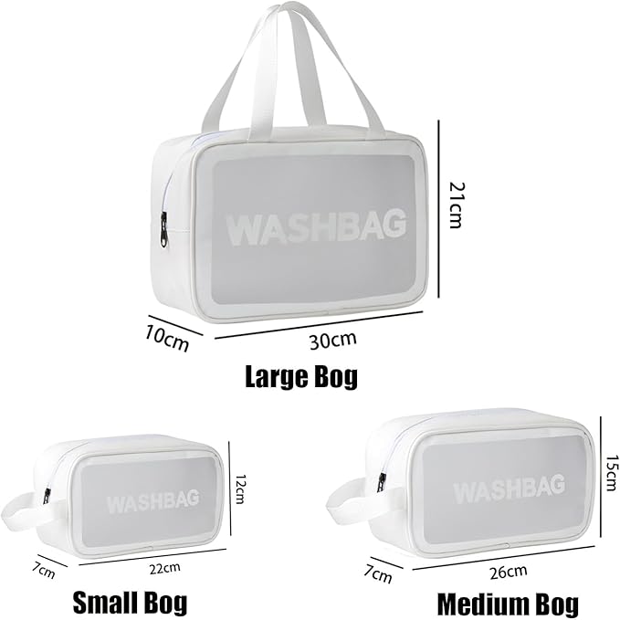 BIRDDIE Clear Travel Bags for Toiletries,3 Pack Toiletry Bag,Matte Translucent Toiletry Bag,Makeup Bag With Handy Handle,Travel Pouch,Makeup Cosmetic Organizer for Travel Essentials(White)