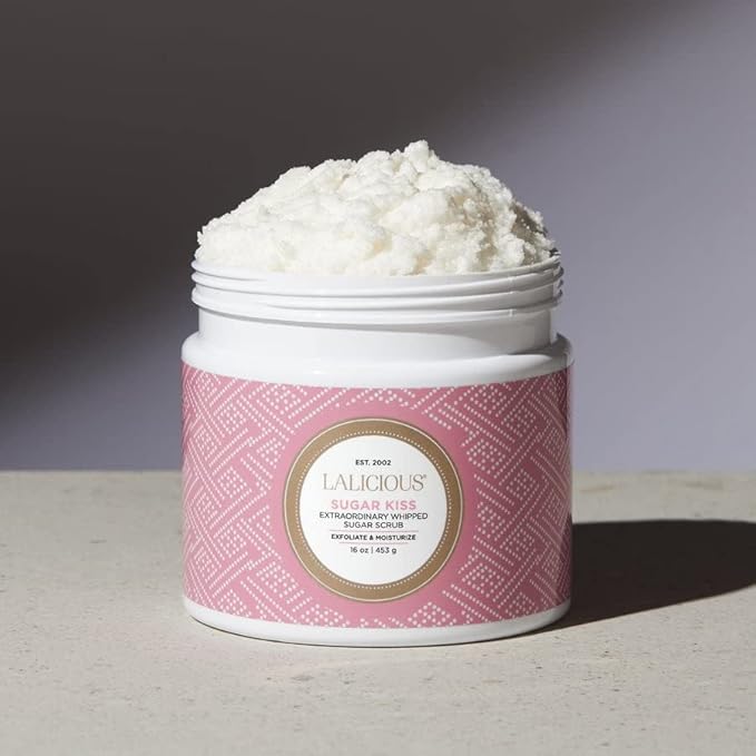 LALICIOUS Sugar Kiss® Exfoliating & Moisturizing Body Scrub | Sugar & Coconut Oil | Pre-Shave Scrub for Ingrown Hairs & Razor Bumps | Gently Buffs & Smooths Sensitive Skin | No Parabens | Large 16oz