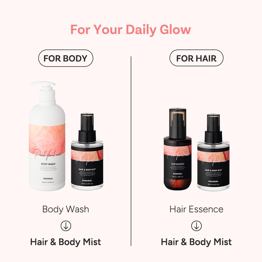 Perfumed Hair Mist for Women – Castor Oil for Shine & Long-Lasting Scent, Clean Hair Perfume & Body Mist – Botanical Waters & 17 Amino Acids, Sulfate, Paraben, Silicone-Free – Peach Floral Musk, 125ml