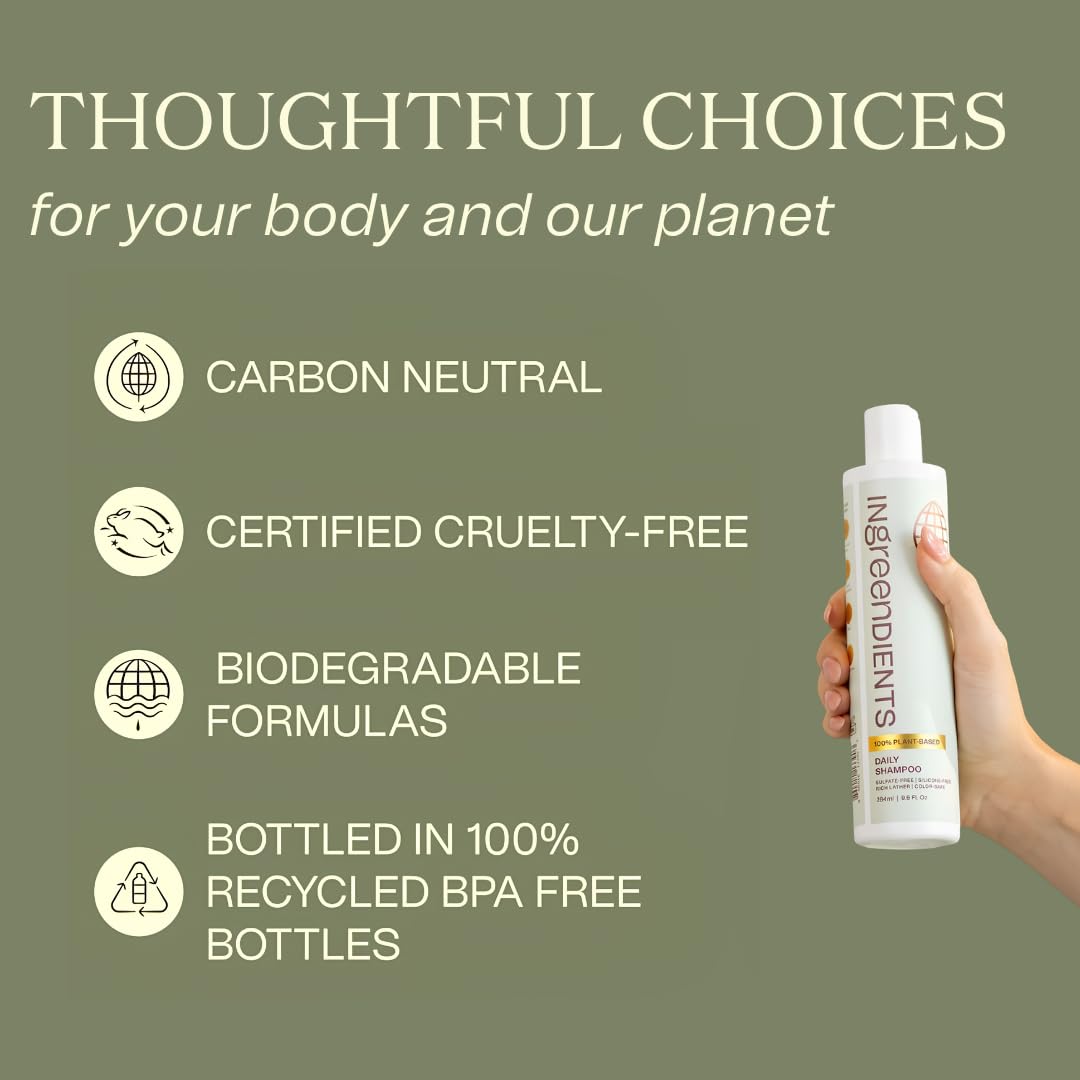 Ingreendients Natural Shampoo With Organic Ingredients - Sulfate Free, Color Safe, Non Toxic With Tea Tree Oil & Apple Cider Vinegar, Vegan, Gluten Free, pH Balanced
