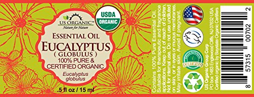 US Organic 100% Pure Eucalyptus Essential Oil (Globulus) - USDA Certified Organic, Steam Distilled - W/Euro droppers (More Size Variations Available) (15 ml /.5 fl oz)