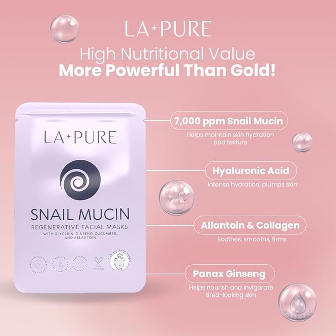 LA PURE Korean Snail Mucin Mask – Cruelty-Free – 10 Hydrating Sheet Masks