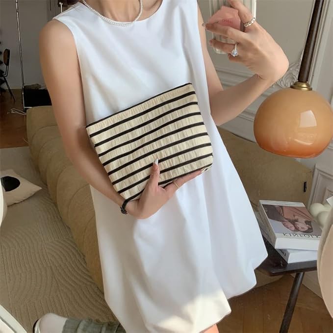 Flat Makeup Bag for Women,Zipper Cosmetic Pouch for Purse,Stripe White