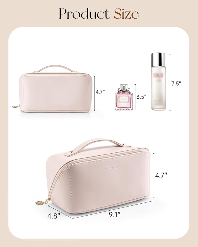 VLANDO Cosmetic Bag for Women with 180°Opening,Carry Handle,Apricot Pink
