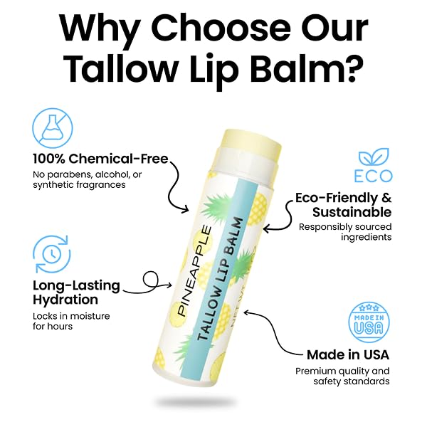 Tallow Lip Balm by Cattle Creek – All-Natural Ingredients, Long-Lasting Moisture and Hydration for Dry, Cracked, and Chapped Lips, Soothing Formula for Soft Skin (Pack of 3, Pineapple)