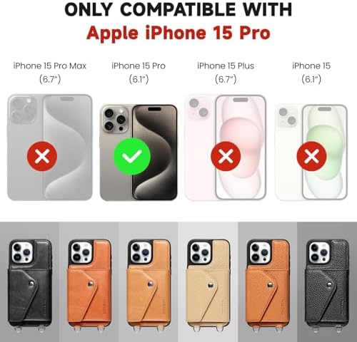 LUCKYCOIN Crossbody Phone Case for iPhone 15 Pro,100% Genuine Leather Phone Wallet Case for Women, Premium Hands-Free Phone Purse with Expandable Flip Card Holder & Adjustable Strap - Pebble Brown