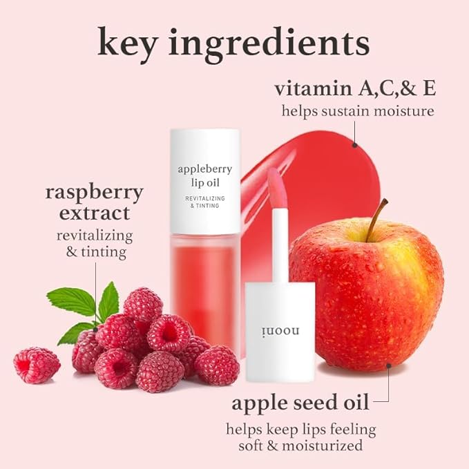 NOONI Korean Lip Oil - Appleberry - Plumping & Hydrating Tinted Lip Gloss