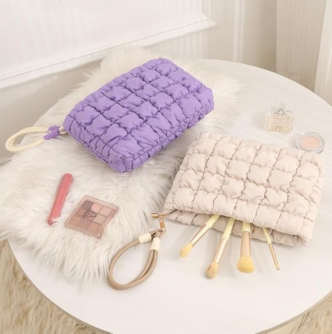 DOB SECHS Puffer Quilted Makeup Bag with Handle, Cute Puffy Cotton Cosmetic Bags for Women, Small Checkered Toiletry Zipper Pouch, Travel Essentials Storage Organizer Clutch Pouches Pencil Case, Khaki