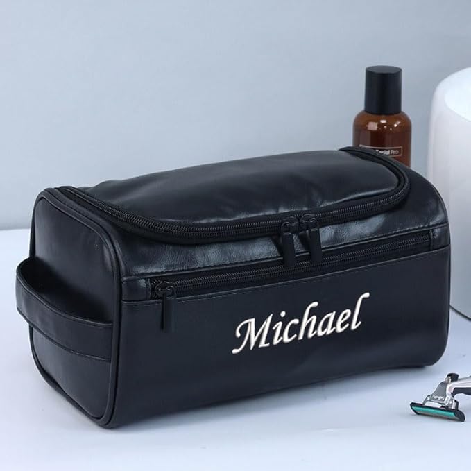 joyinaff Personalized Embroidery PU Leather Travel Toiletry Bag for Men,Stylish Travel Organizer for Travel, Wedding Gift,Customized Monogram Travel Shaving Dopp Kit for Groomsmen (Black)
